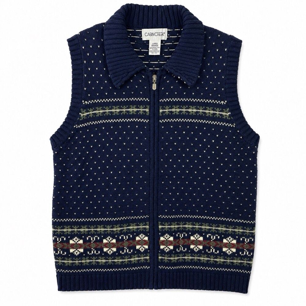Vintage 1995 Cabin Creek Womens Large Fair Isle Zip Vest Ramie Cotton Cabincore